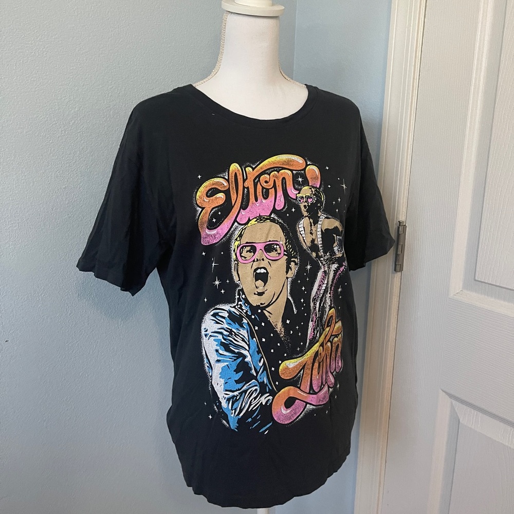 Daydreamer Black Elton John Graphic Tee with Pink and Yellow Accents